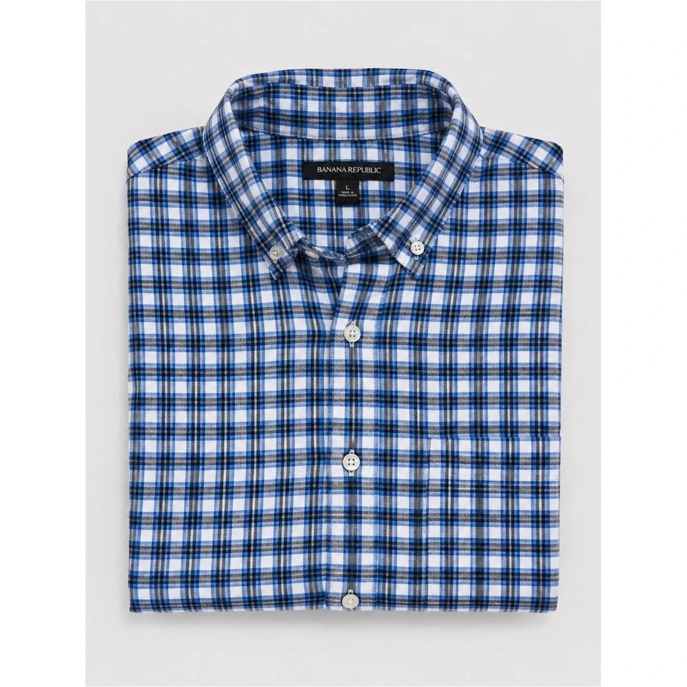 Banana Republic Mens Linen Button Up Shirt Large Preppy Gingham Long Sleeve